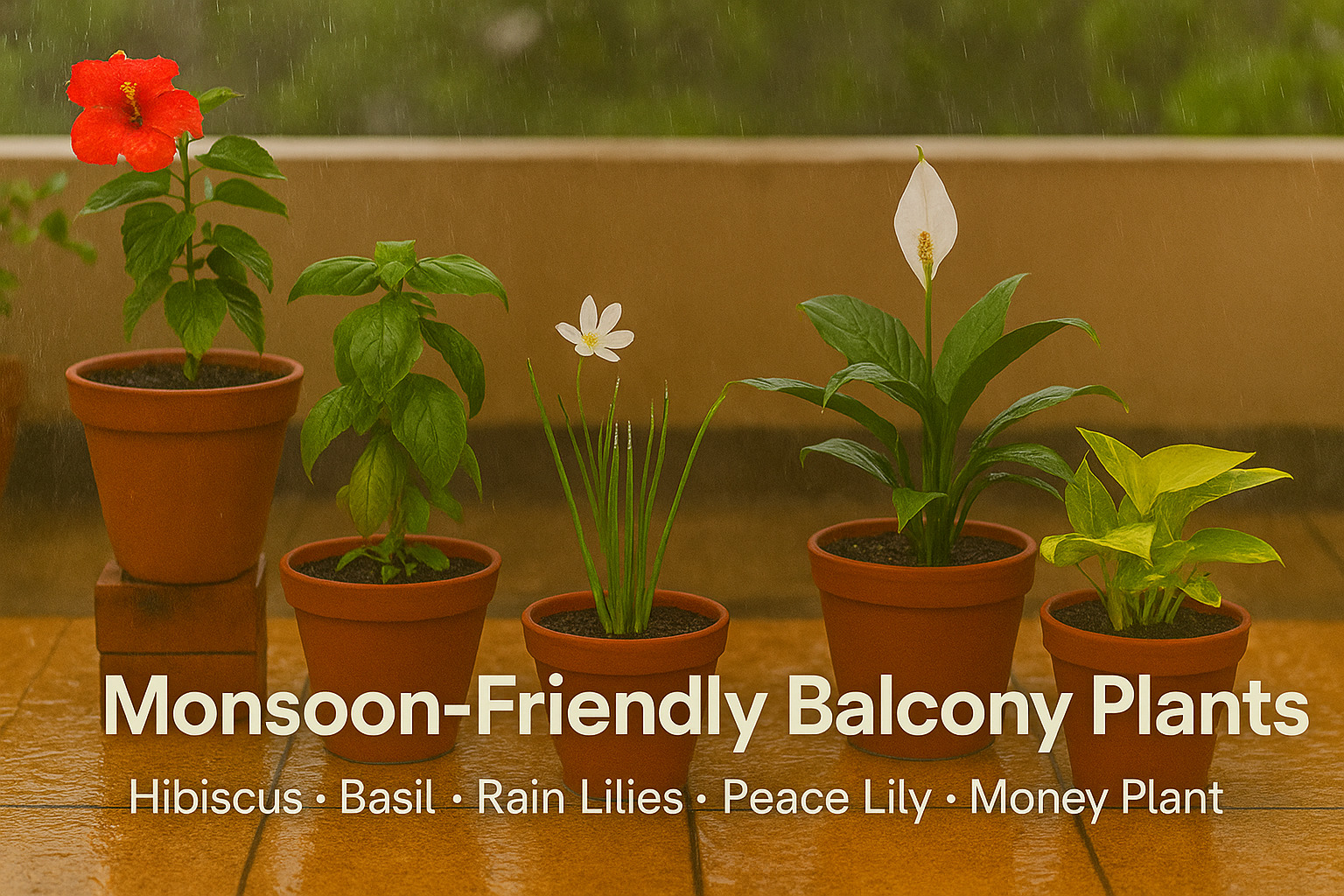 Monsoon-friendly balcony plants in India – hibiscus, basil, rain lilies, peace lily, and money plant thriving on a rainy tiled balcony floor